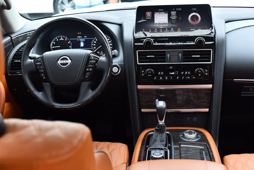 Spacious interior of Nissan Patrol Platinum SUV rental Dubai